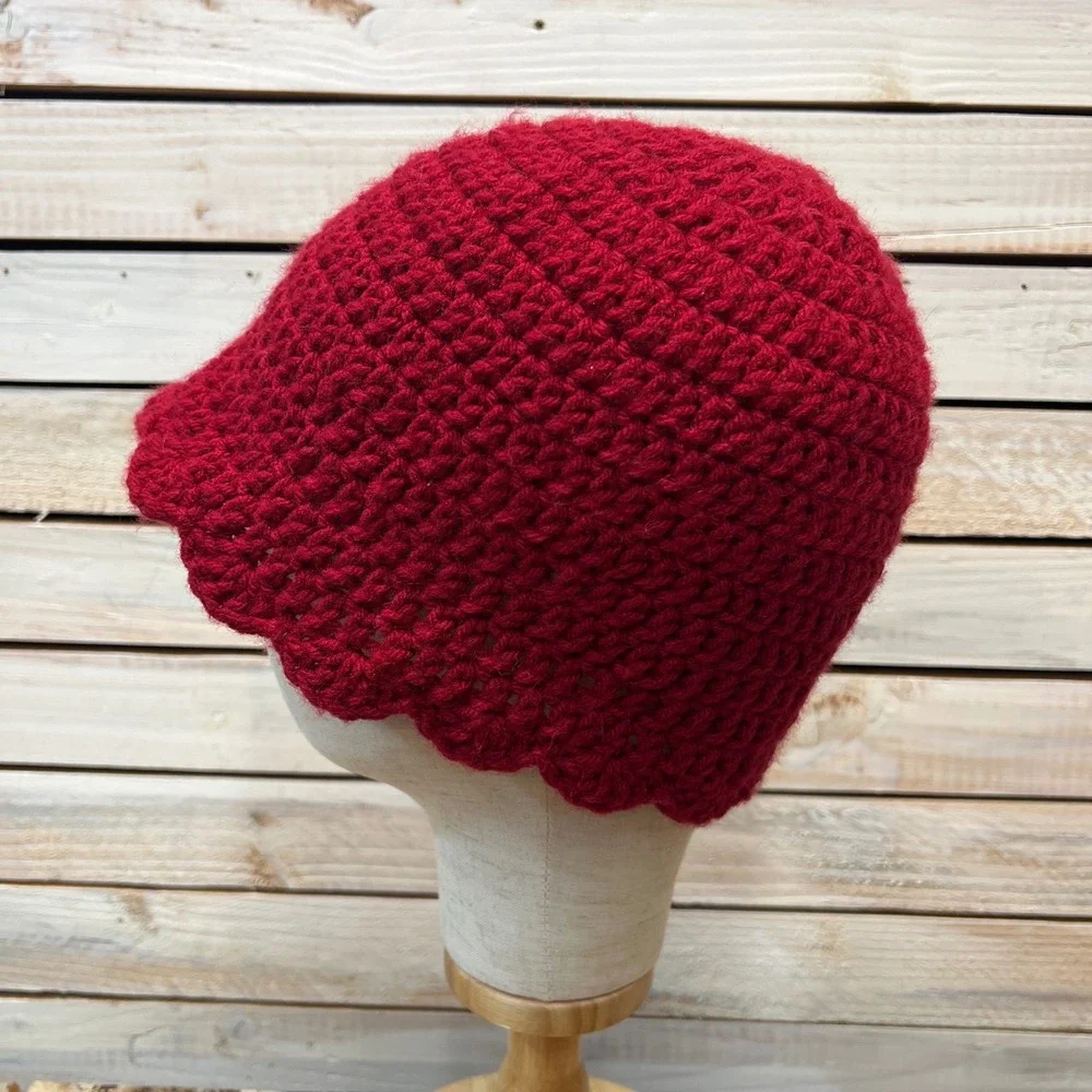 Vintage Red Crochet Cloche Hat Wool Blend Button Rosette Flapper 1920s Style OS